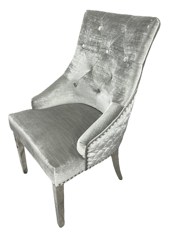 Majestic Chrome Lion Knocker Quilted Tufted Shimmer Velvet Dining Chair Chrome Legs - 2 Colours
