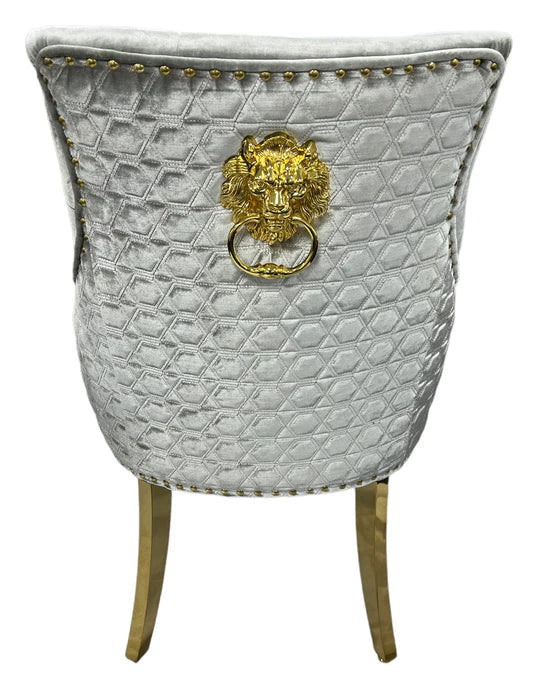 Louis Marble & Gold Dining Table With Shimmer Gold Lion Knocker Dining Chairs