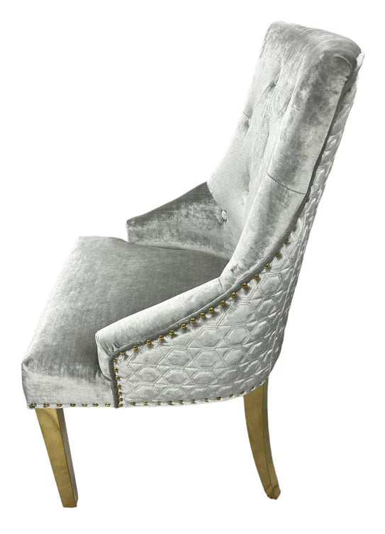 Louis Marble & Gold Dining Table With Shimmer Gold Lion Knocker Dining Chairs