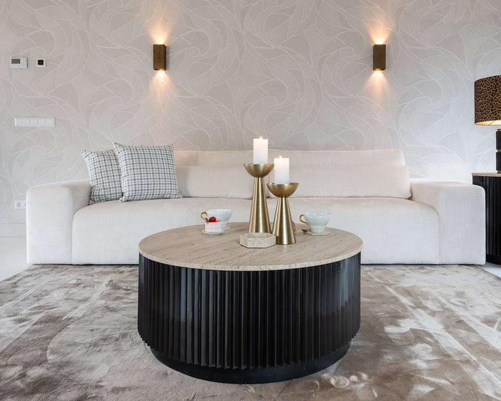 Richmond Interiors Hampton Black Wood & Beige Travertine Round Coffee Table