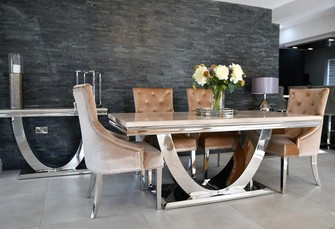 Arial 180cm White Marble Dining Table + Champagne Knocker Plush Velvet Chairs-Esme Furnishings