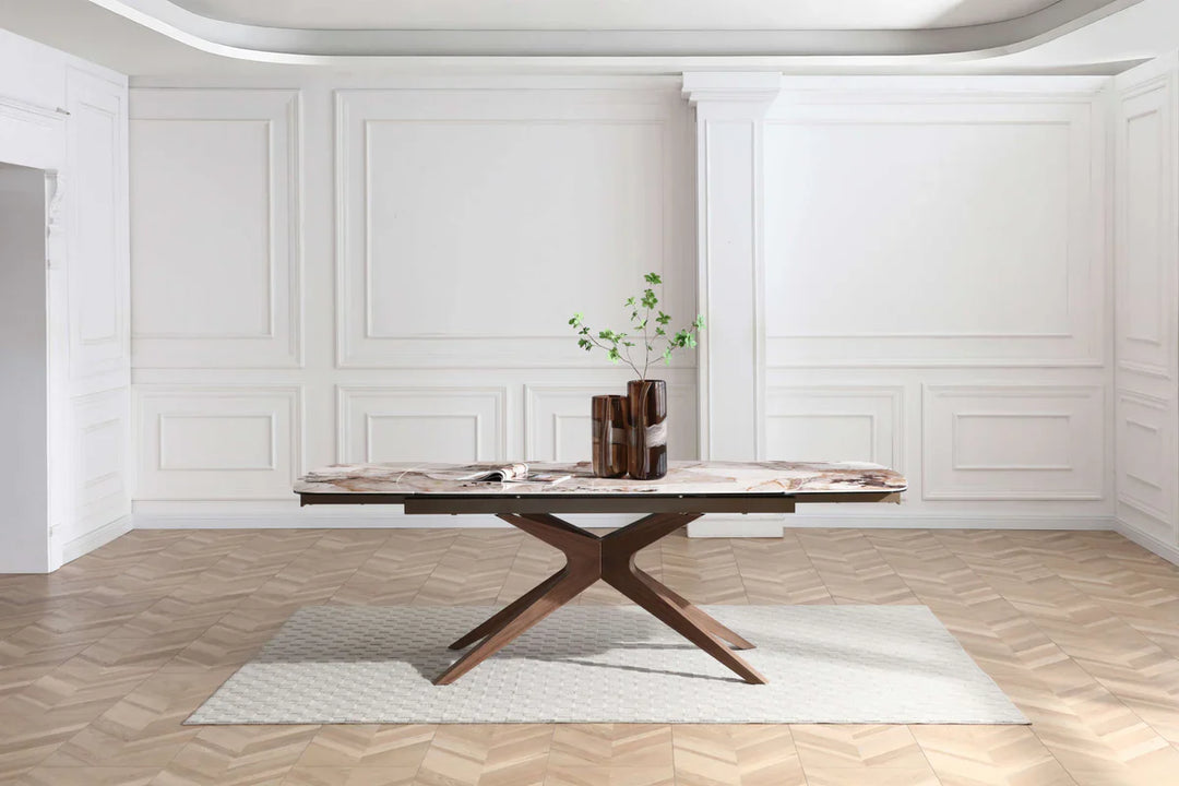 Serene 160-240cm Italian Walnut & Pandora Vendome Ceramic Marble Side Extending Dining Table With Milo Walnut Wooden Dining Chairs