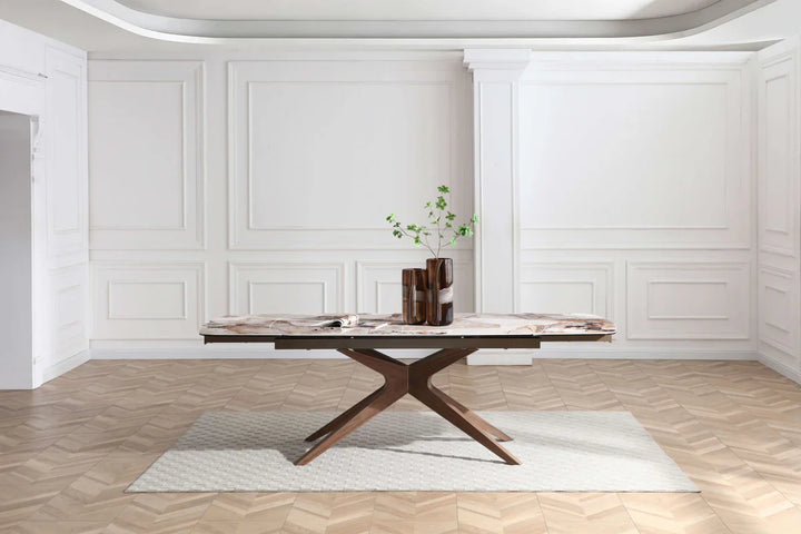 Serene 160-240cm Italian Walnut & Pandora Vendome Ceramic Marble Side Extending Dining Table With Milo Walnut Wooden Dining Chairs