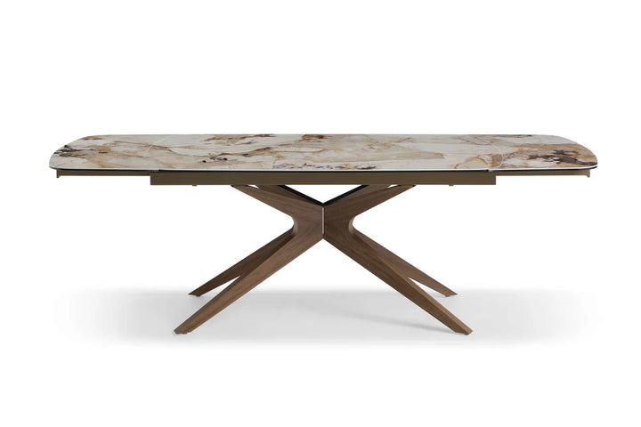 Serene 160-240cm Italian Walnut & Pandora Vendome Ceramic Marble Side Extending Dining Table With Milo Walnut Wooden Dining Chairs