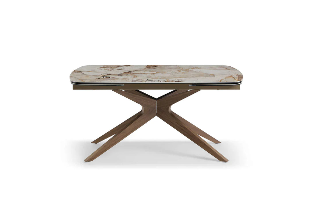 Serene 160-240cm Italian Walnut & Pandora Vendome Ceramic Marble Side Extending Dining Table With Clara Walnut Wooden Dining Chairs