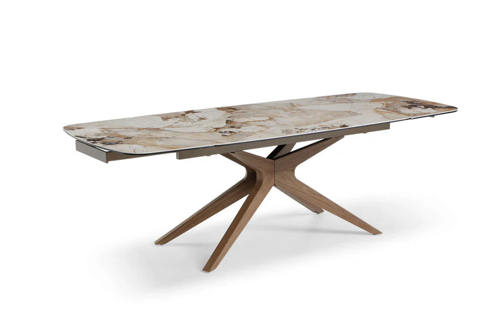 Serene 160-240cm Italian Walnut & Pandora Vendome Ceramic Marble Side Extending Dining Table With Milo Walnut Wooden Dining Chairs