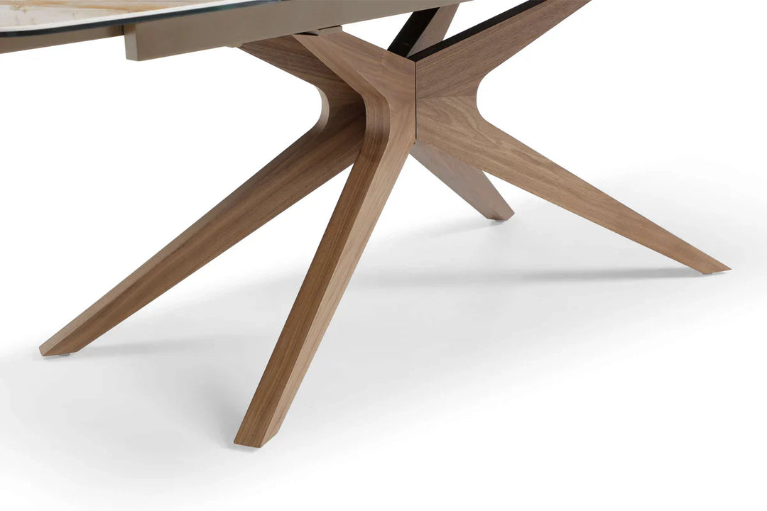 Serene 160-240cm Italian Walnut & Pandora Vendome Ceramic Marble Side Extending Dining Table With Milo Walnut Wooden Dining Chairs