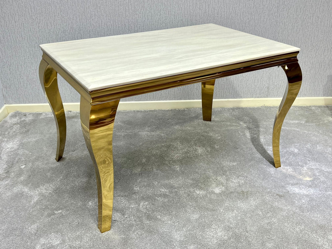 Louis Marble & Gold Dining Table With Victoria Gold Lion Knocker Velvet Chairs
