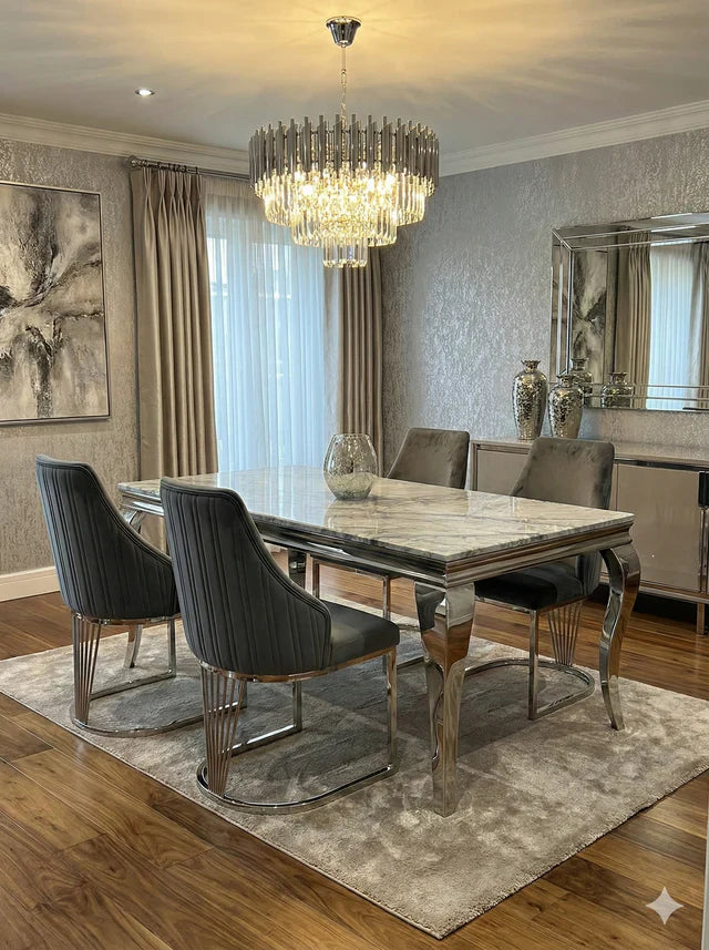 Louis Marble & Chrome Dining Table With Carlton Grey Velvet Chairs