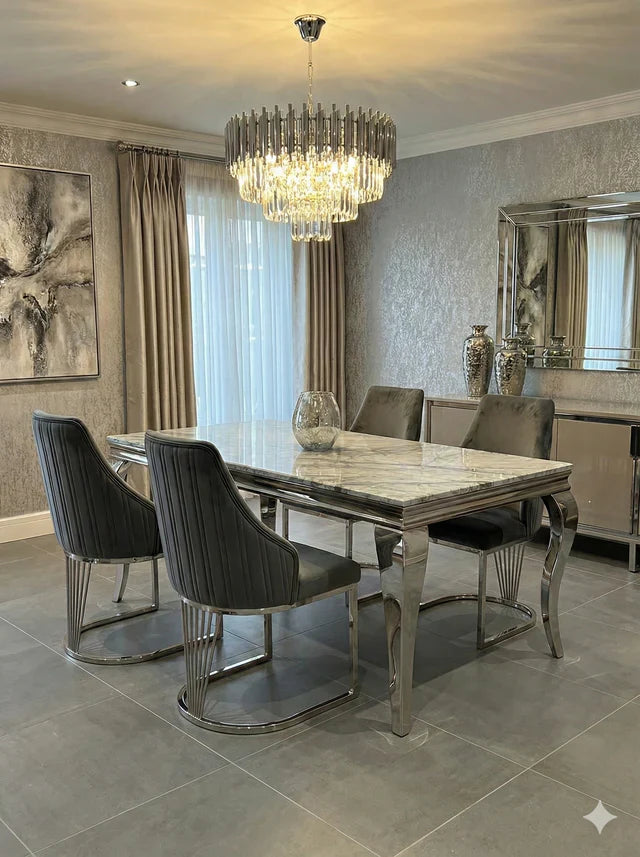 Louis Marble & Chrome Dining Table With Carlton Grey Velvet Chairs