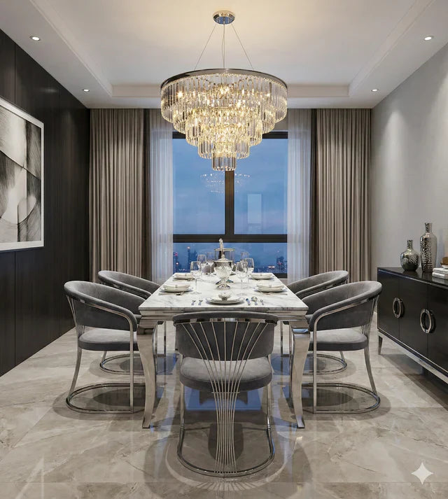 Louis Marble & Chrome Dining Table With Savoy Grey Fabric Chairs