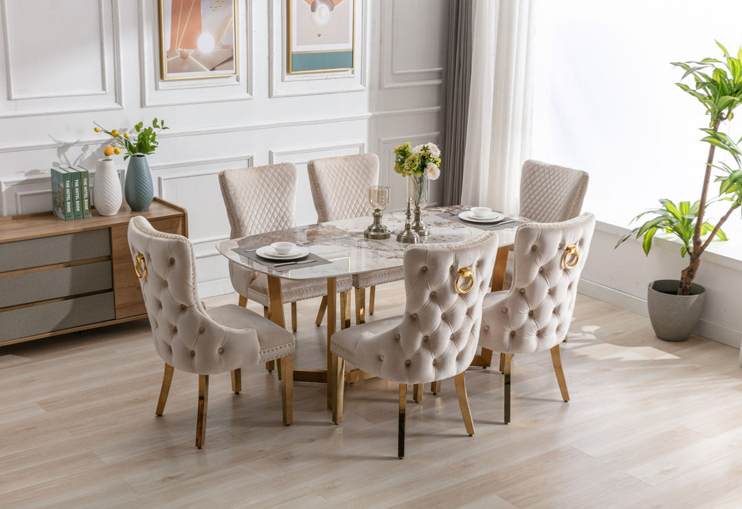 Lucien 180cm Gold Oval Dining Table with Pandora Gold Ceramic Marble Top + Cream/Gold  Ring Knocker Velvet Chairs