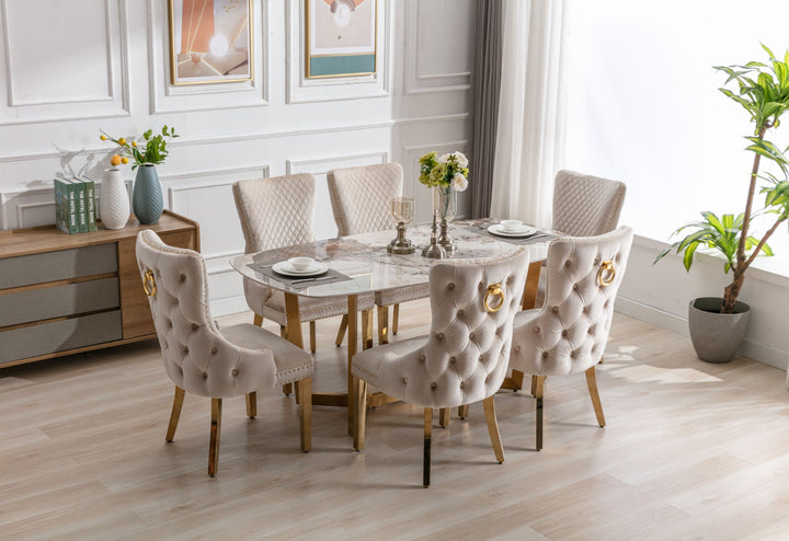 Lucien 180cm Gold Oval Dining Table with Pandora Gold Ceramic Marble Top + Cream/Gold  Ring Knocker Velvet Chairs