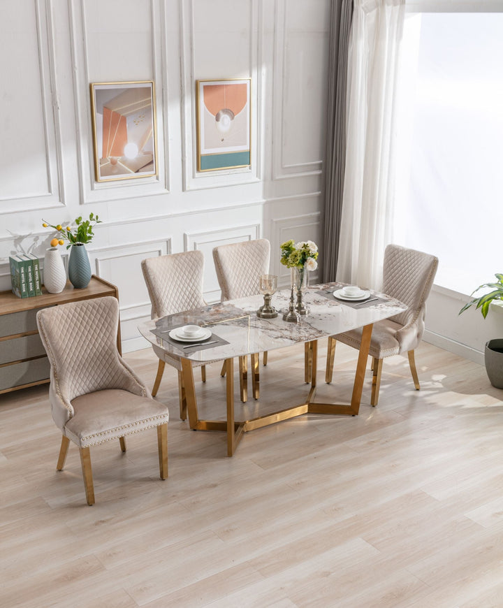Lucien 180cm Gold Oval Dining Table with Pandora Gold Ceramic Marble Top + Cream/Gold  Ring Knocker Velvet Chairs