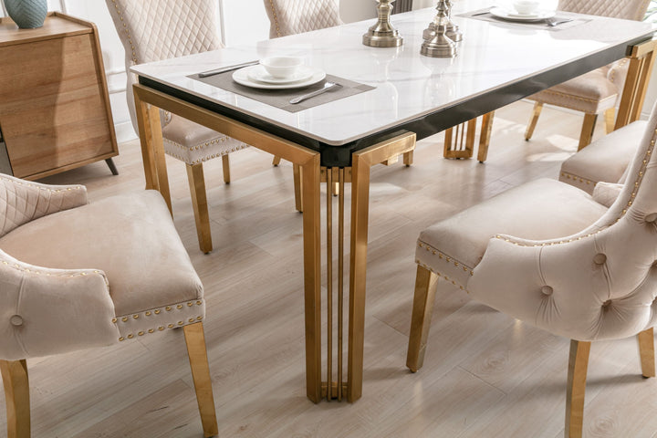 Sorrento 150cm Gold Dining Table with White Ceramic Marble Top + Cream/Gold Lion Knocker Velvet Chairs