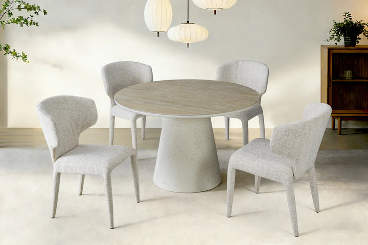 Stratos 120cm Round Ivory & Travertine Ceramic Marble Dining Table