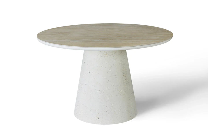 Stratos 120cm Round Ivory & Travertine Ceramic Marble Dining Table