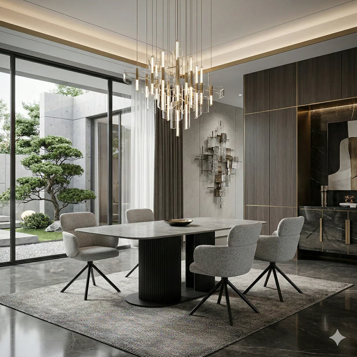 Sydney 160cm Grey Ceramic Marble Dining Table With Tuscan Grey Velvet 360 Swivel Dining Chairs
