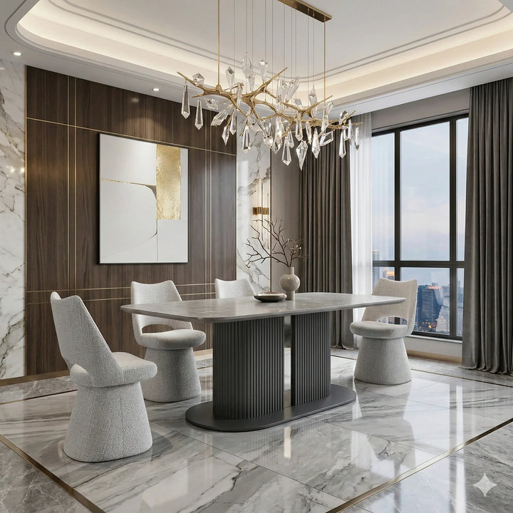 Sydney 160cm Grey Ceramic Marble Dining Table With Maryland Grey Velvet 360 Swivel Dining Chairs
