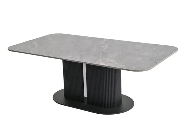 Sydney 160cm Grey Ceramic Marble Dining Table With Tuscan Grey Velvet 360 Swivel Dining Chairs