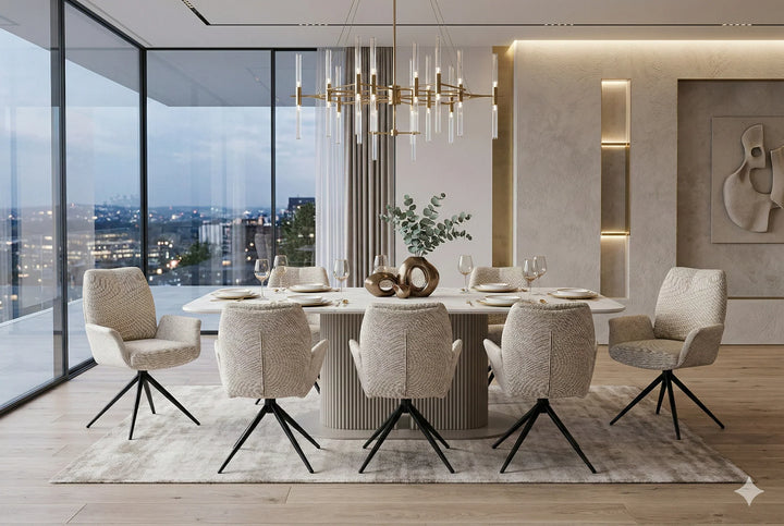 Sydney 160cm Cream Gold Ceramic Marble Dining Table With Fairmont Beige 360 Swivel Velvet Dining Chairs