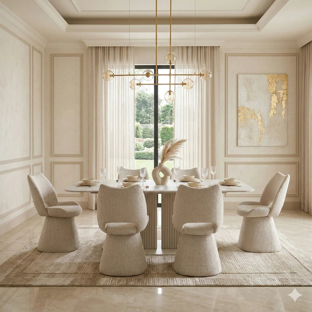 Sydney 160cm Cream Gold Ceramic Marble Dining Table With Maryland Beige 360 Swivel Velvet Dining Chairs