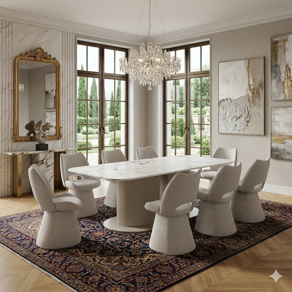 Sydney 160cm Cream Gold Ceramic Marble Dining Table With Maryland Beige 360 Swivel Velvet Dining Chairs
