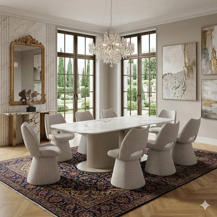 Sydney 160cm Cream Gold Ceramic Marble Dining Table With Maryland Beige 360 Swivel Velvet Dining Chairs