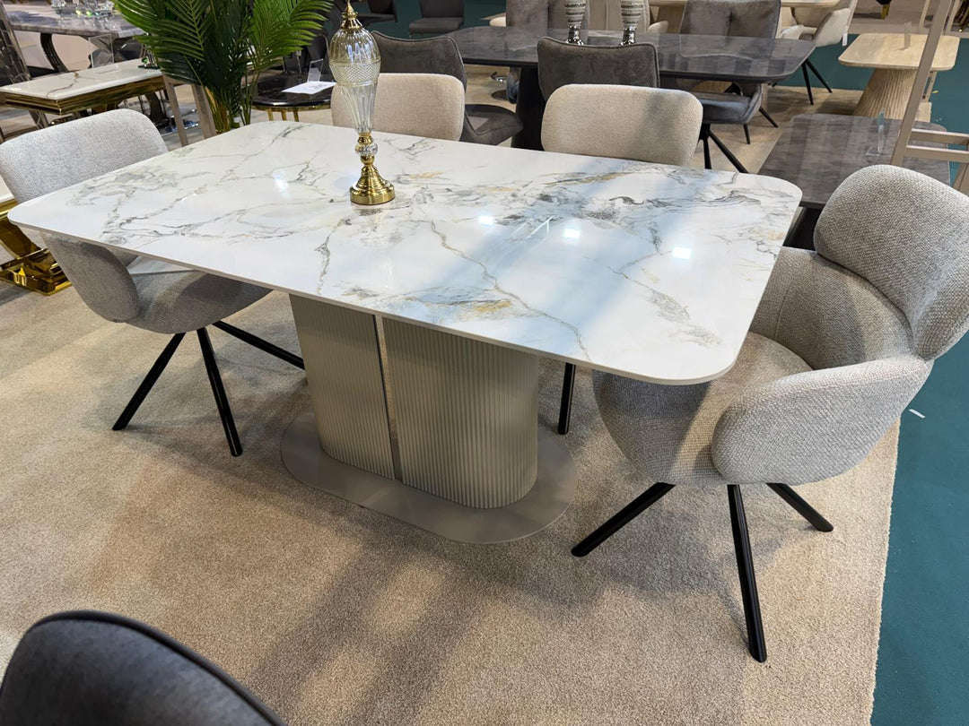 Sydney 160cm Cream Gold Ceramic Marble Dining Table With Tuscan Beige 360 Swivel Velvet Dining Chairs