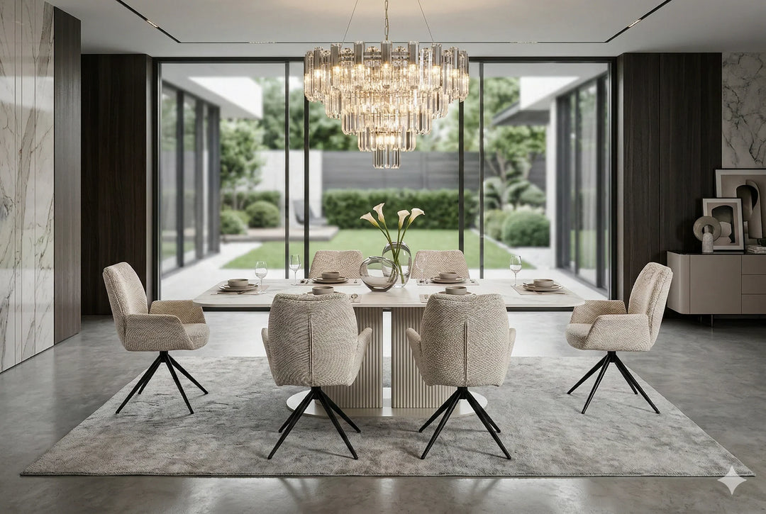 Sydney 160cm Cream Gold Ceramic Marble Dining Table With Fairmont Beige 360 Swivel Velvet Dining Chairs