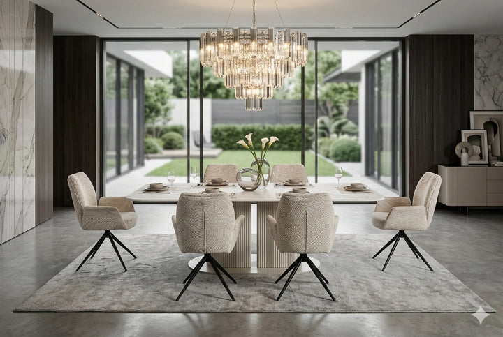 Sydney 160cm Cream Gold Ceramic Marble Dining Table With Fairmont Beige 360 Swivel Velvet Dining Chairs