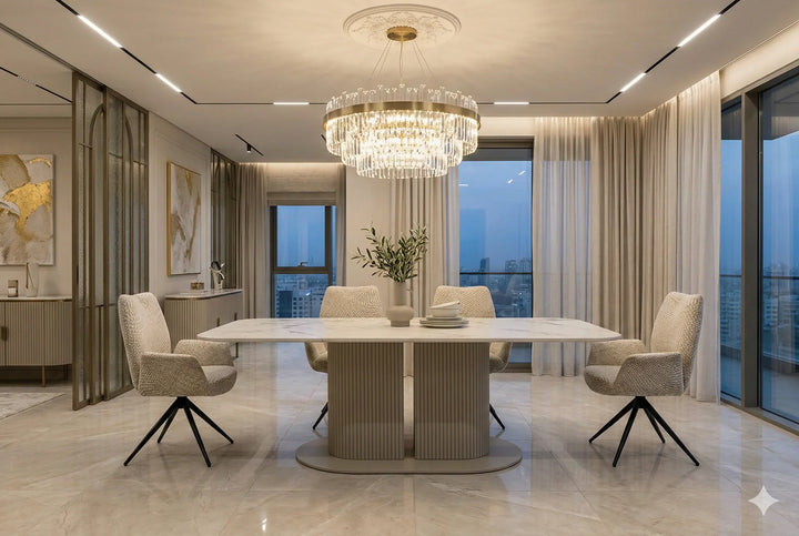 Sydney 160cm Cream Gold Ceramic Marble Dining Table With Fairmont Beige 360 Swivel Velvet Dining Chairs