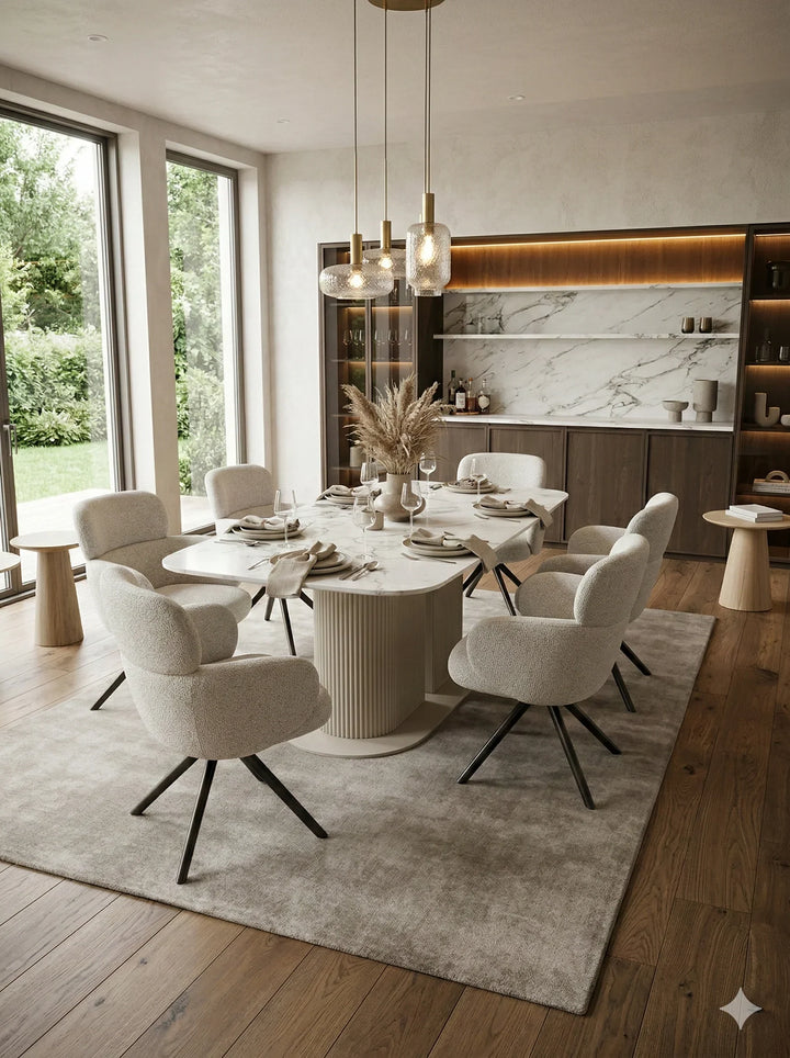 Sydney 160cm Cream Gold Ceramic Marble Dining Table With Tuscan Beige 360 Swivel Velvet Dining Chairs