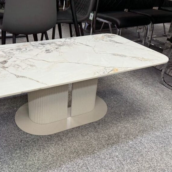 Sydney 160cm Cream Gold Ceramic Marble Dining Table With Beige Velvet Dining Chairs