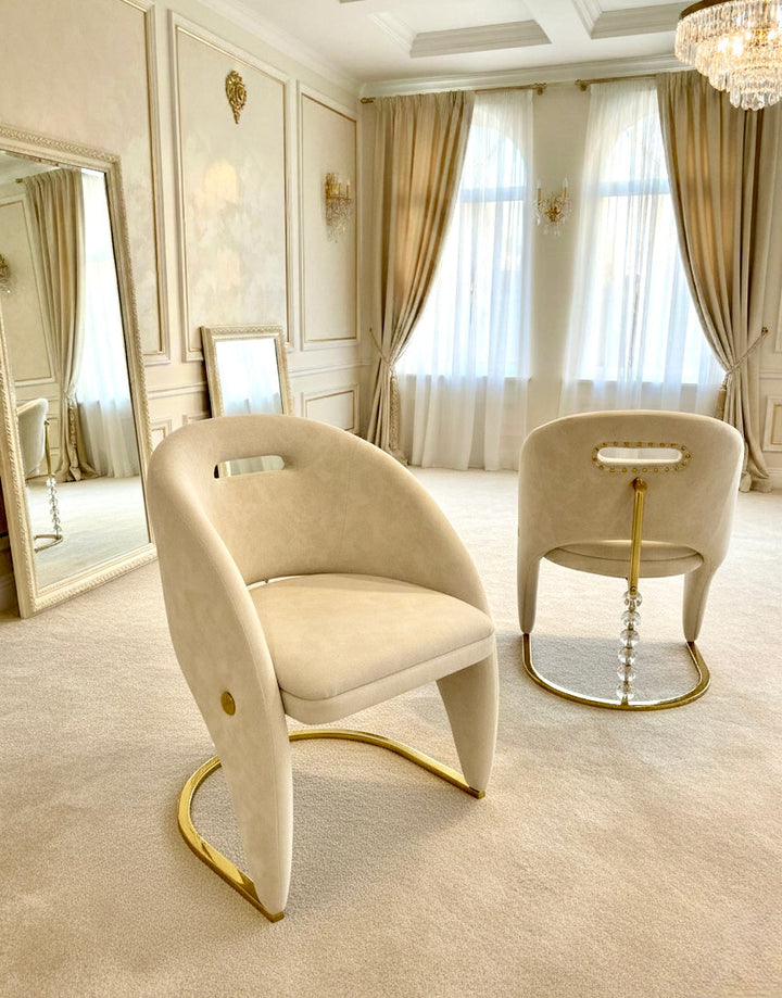 Elina Marble & Gold Dining Table With Vermont Cream Gold Velvet Dining Chairs Crystals