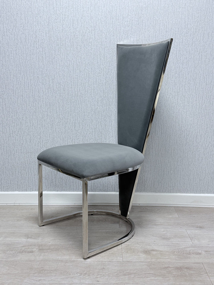 Elina 180cm Chrome Grey Marble Dining Table With Florence High Back Velvet Chrome Chairs