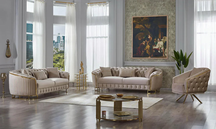 The Sienna Luxury Chesterfield Premium Armchair Beige Gold Velvet