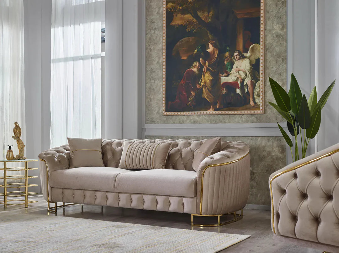 The Sienna Luxury Chesterfield Premium 3 Seater Beige Gold Velvet Sofa