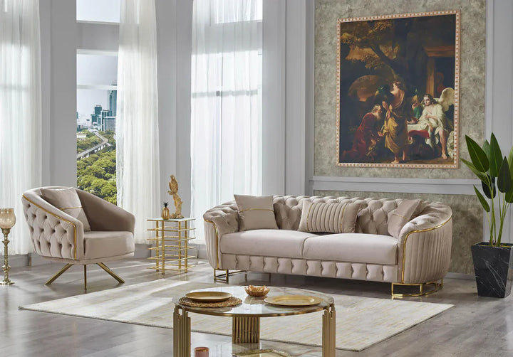 The Sienna Luxury Chesterfield Premium 3 Seater Beige Gold Velvet Sofa