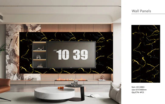 Media Wall Panels Pack Of x4 Gold Black Marble PVC Waterproof Wall Panels 240x60cm