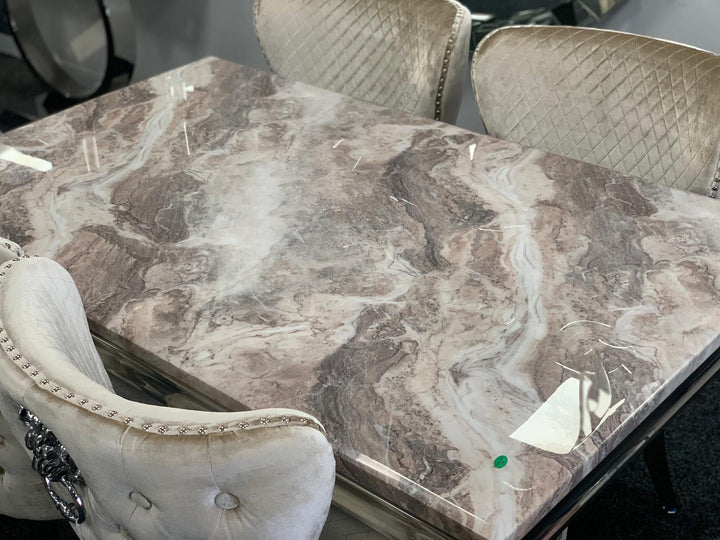 Louis 150cm Beige Marble Dining Table + Belle Plush Velvet Knocker Chairs