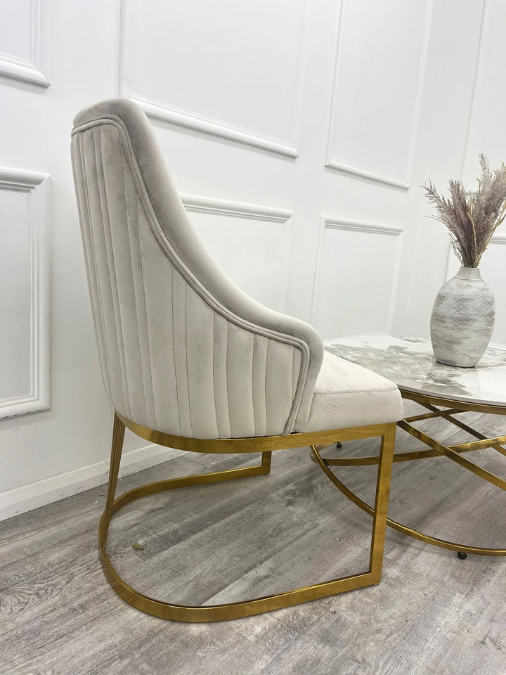 Louis Gold Marble Dining Table With Carlton Cream/Gold Velvet Dining Chairs