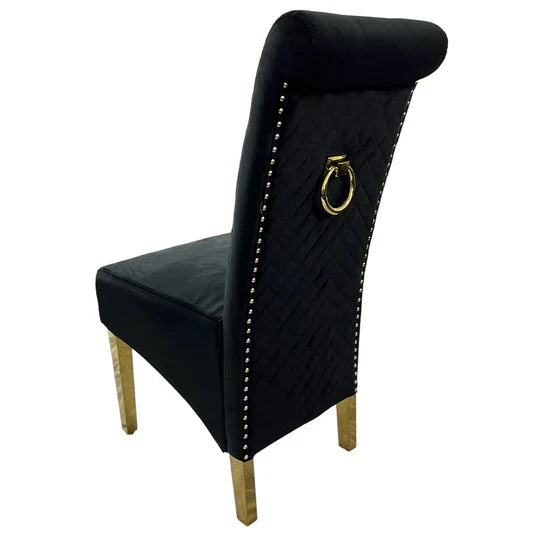 Lucy Gold Ring Knocker Quilted Slim Back Gold Plush Velvet Dining Chair Gold Legs In 3 Colours