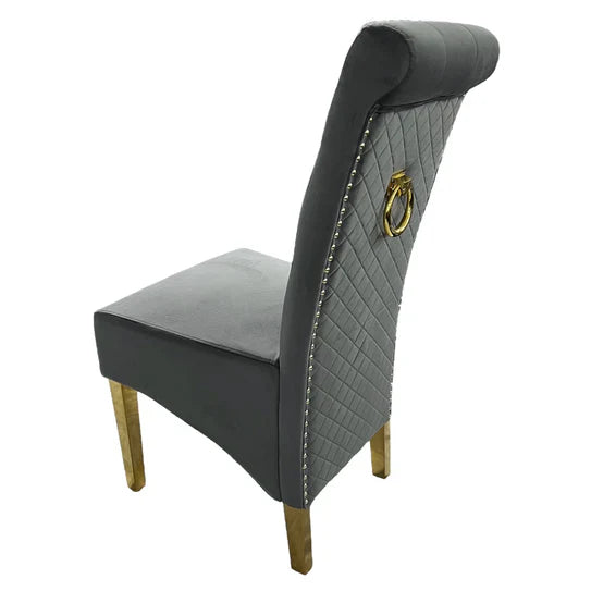 Louis Marble & Gold Dining Table With Lucy Quilted Gold Ring Knocker Velvet Chairs