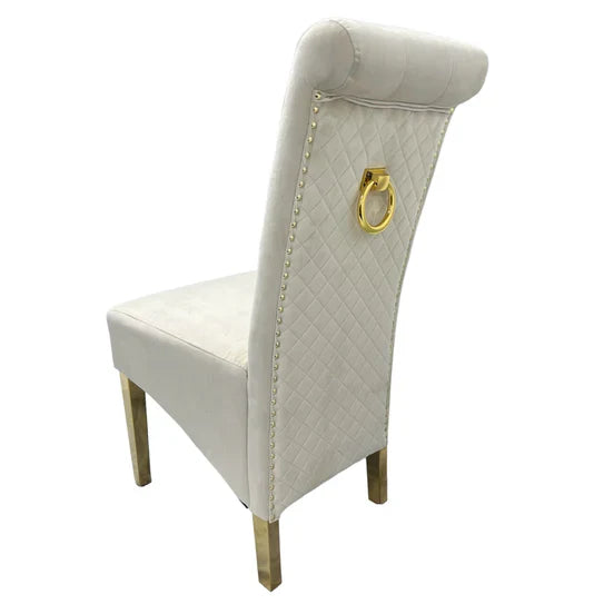 Mayfair 180CM Gold Marble Dining Table With Lucy Gold Ring Knocker Quilted Dining Chairs