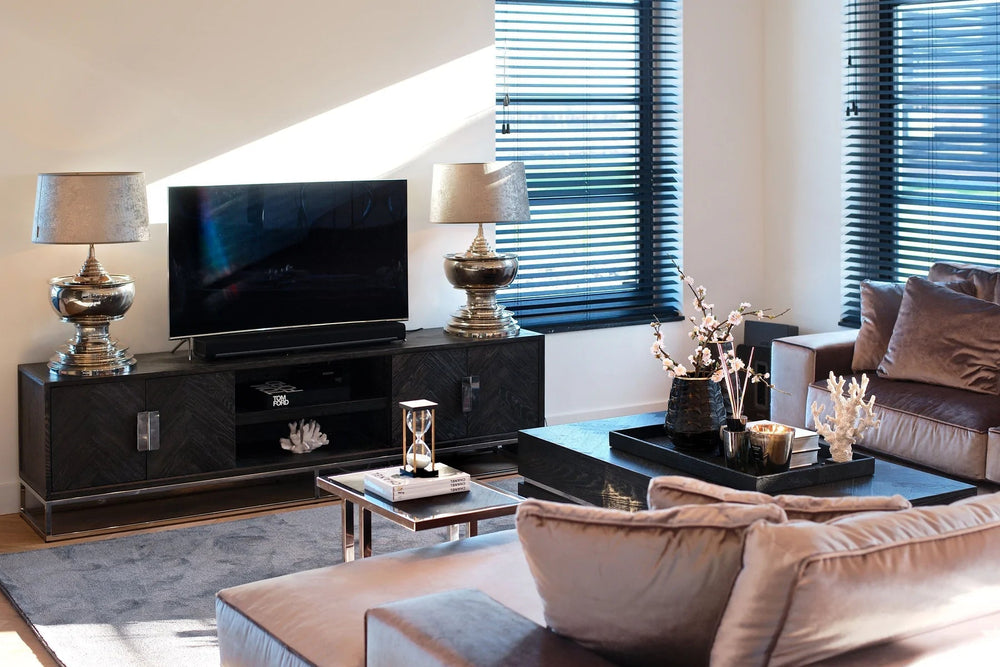 Blackbone Black Oak and Silver 4 Door TV Unit - 220cm-Belmont Interiors