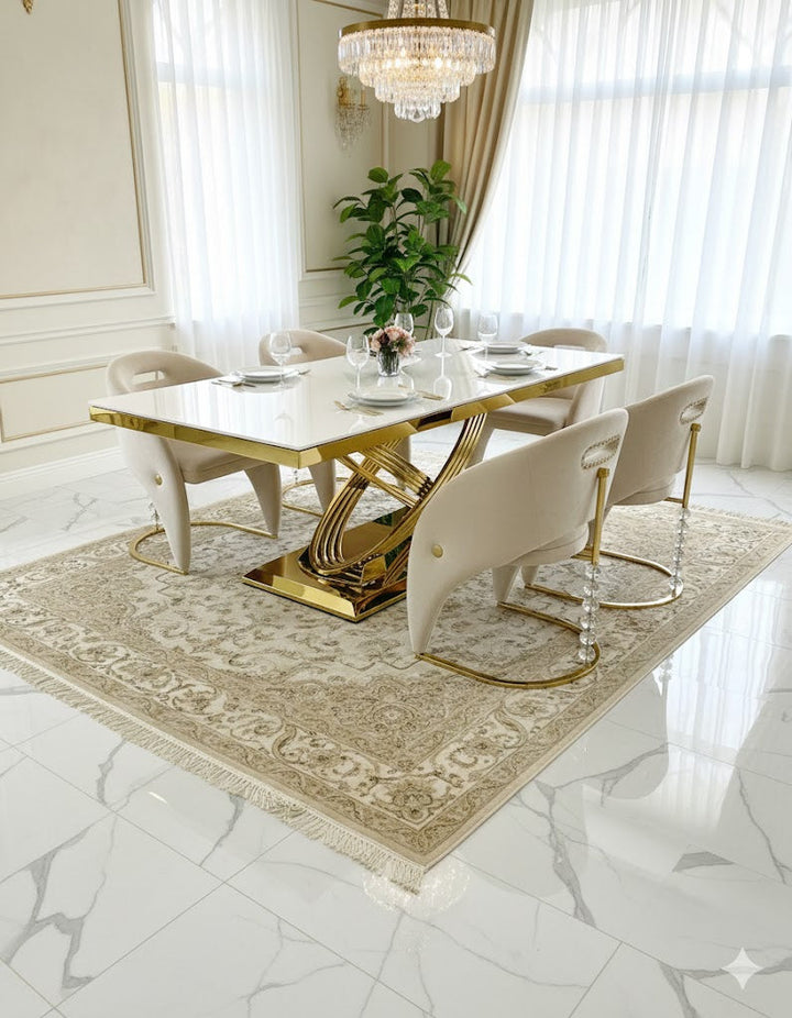 Elina Marble & Gold Dining Table With Vermont Cream Gold Velvet Dining Chairs Crystals