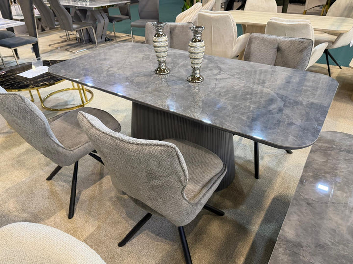 Davos 180cm Grey Ceramic Marble Dining Table With Grey 360 Swivel Velvet Dining Chairs