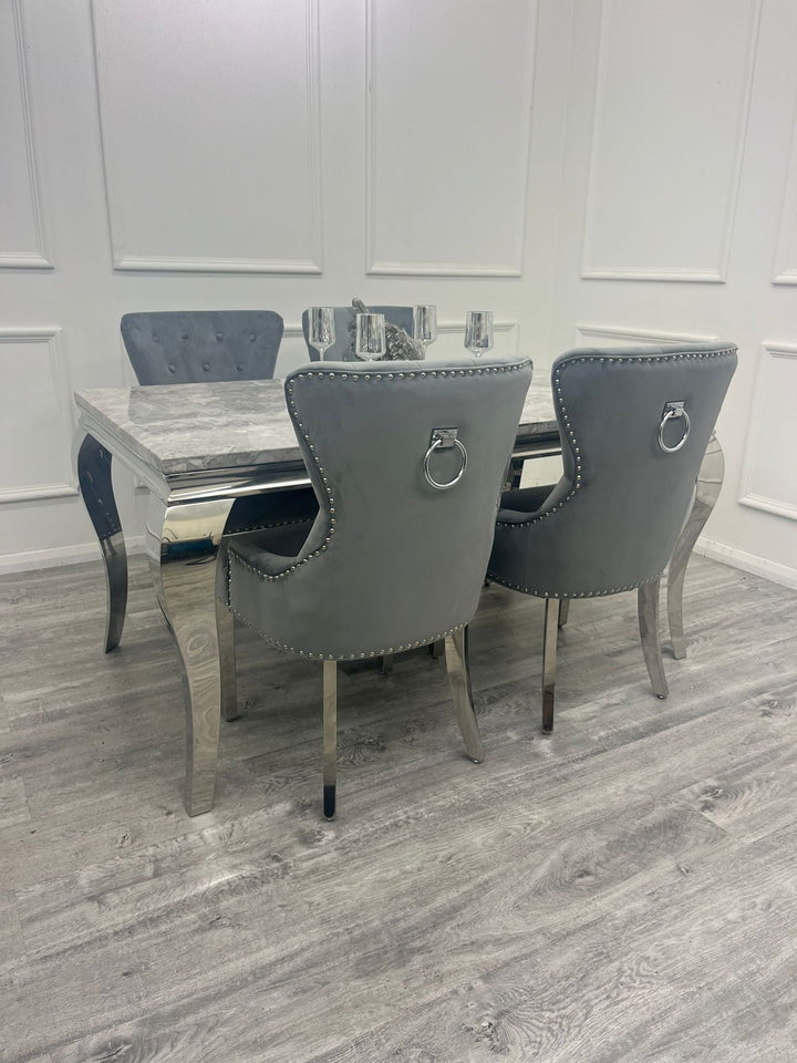 Louis 160cm Marble & Chrome Dining Table With Megan Chrome Ring Knocker Velvet Chairs
