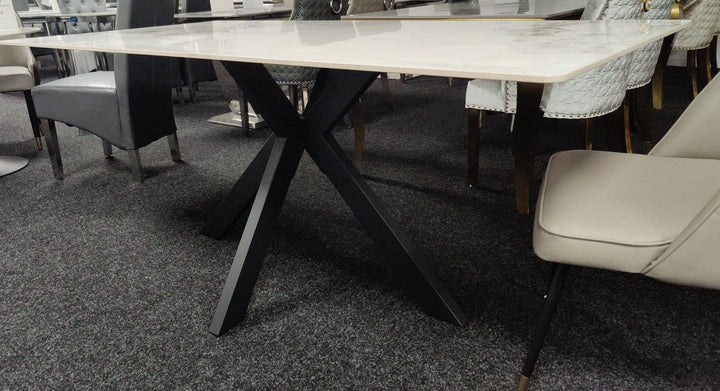 Phoenix 180cm White Ceramic Marble Dining Table With Grey Velvet Black Ring Chairs